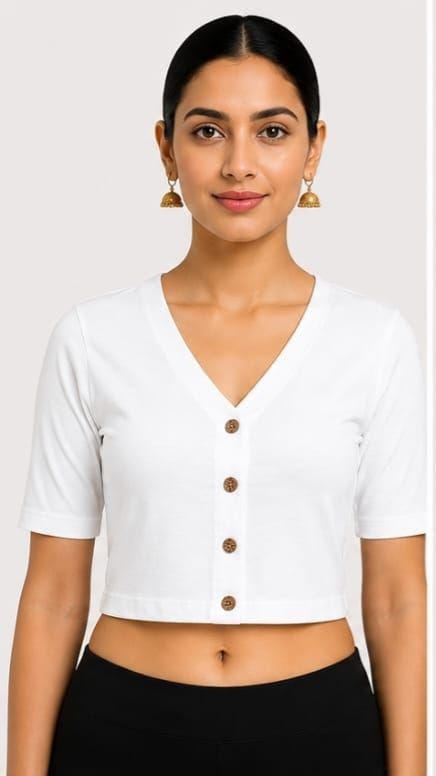 AzY_nnC2w3gBWYUI2oHFlTRb.jpg Front view of a woman wearing a white V-neck stretchable blouse with decorative buttons