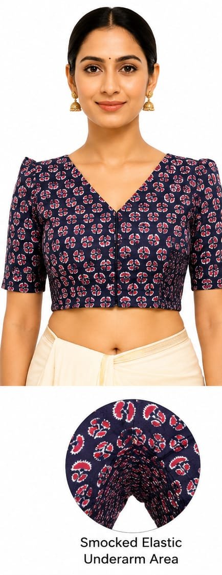 Round Neck Printed Blouse — Jet Black (front) Round Neck Printed Blouse — Jet Black (front)