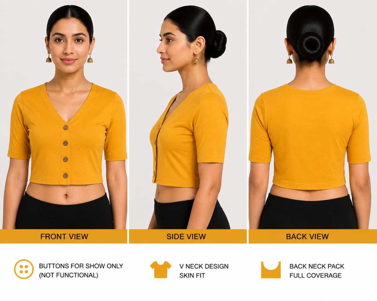 Three views (front, side, back) of a woman wearing a mustard V-neck stretchable blouse, with icons indicating non-functional buttons, V-neck skin-fit design, and full back neck coverage.