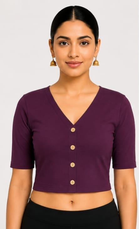 vneck purple 3 Plum V-Neck Stretchable Blouse for Sarees